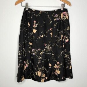 Ann Taylor 100% Silk Black‎ Floral Pleated Lined Knee Length Skirt Sz 6